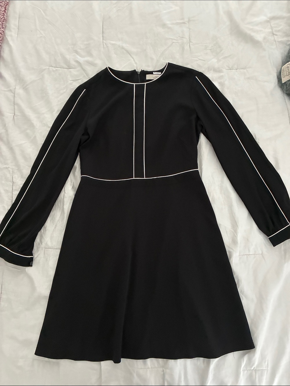 LOFT Black Long-Sleeve A-Line Dress with White Piping